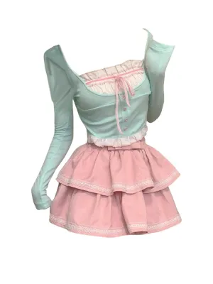 Girlary Summer Women Fashion Sexy Gyaru Outfits 2 Piece Set Fake Two Pieces Long Sleeve Tops   Mini Skirts Ball Gown 2000s Aesthetic