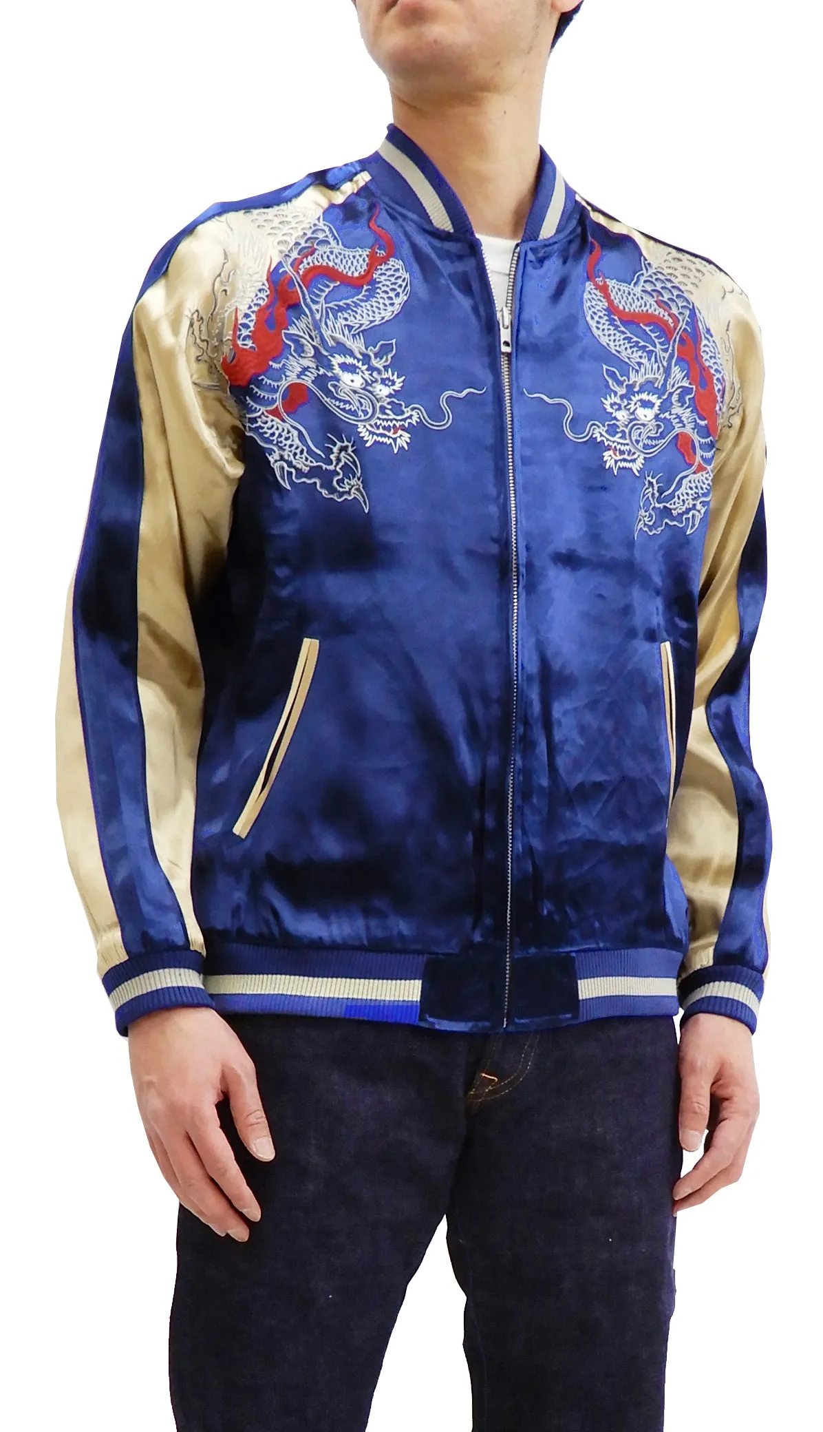 Japanesque Men's Japanese Souvenir Jacket Dragon Sukajan 3RSJ-024 Navy-Blue/Beige
