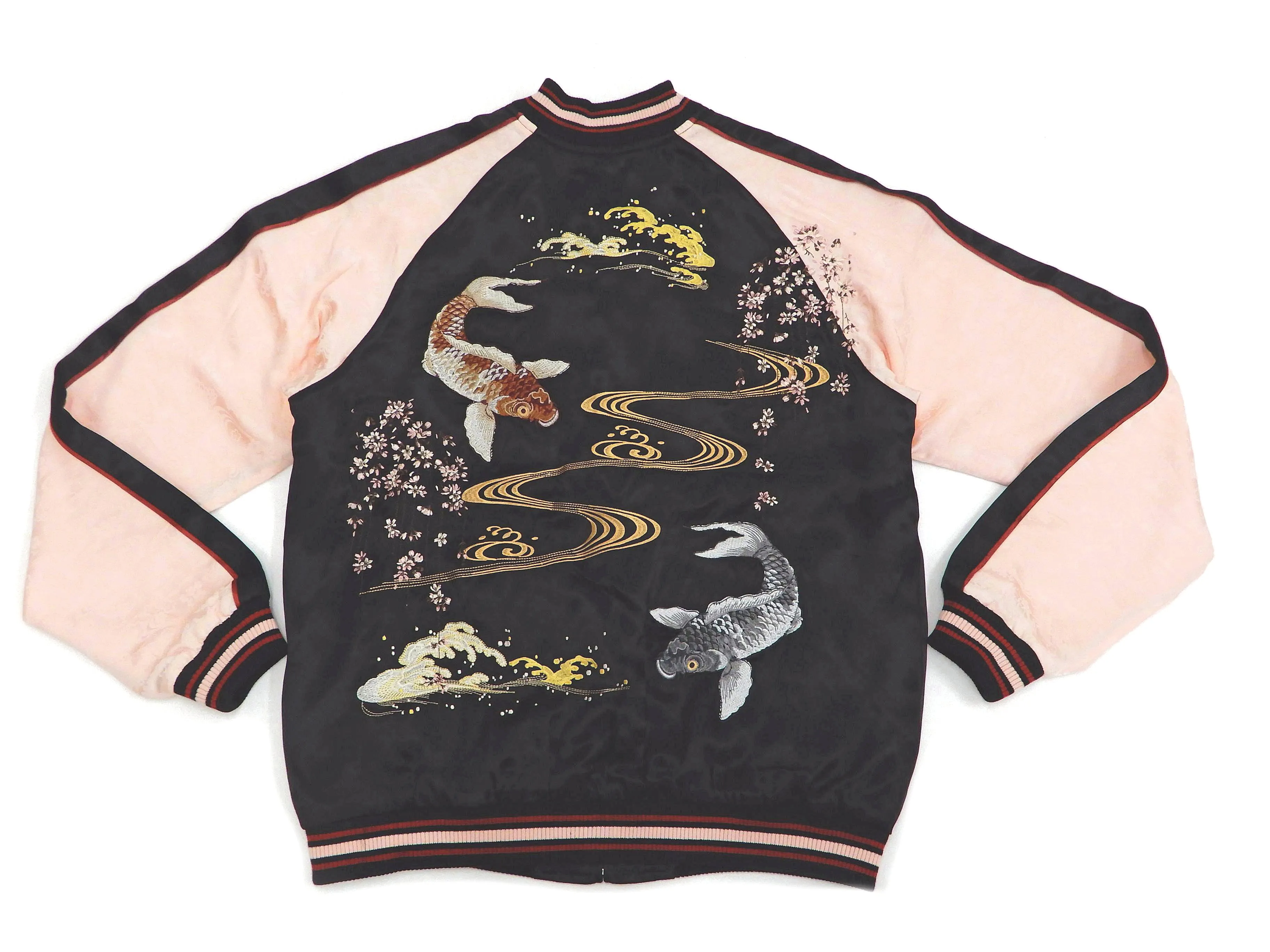 Japanesque Sukajan Men's Japanese Souvenir Jacket Japanese Koi fish 3RSJ-754 Black/Pink