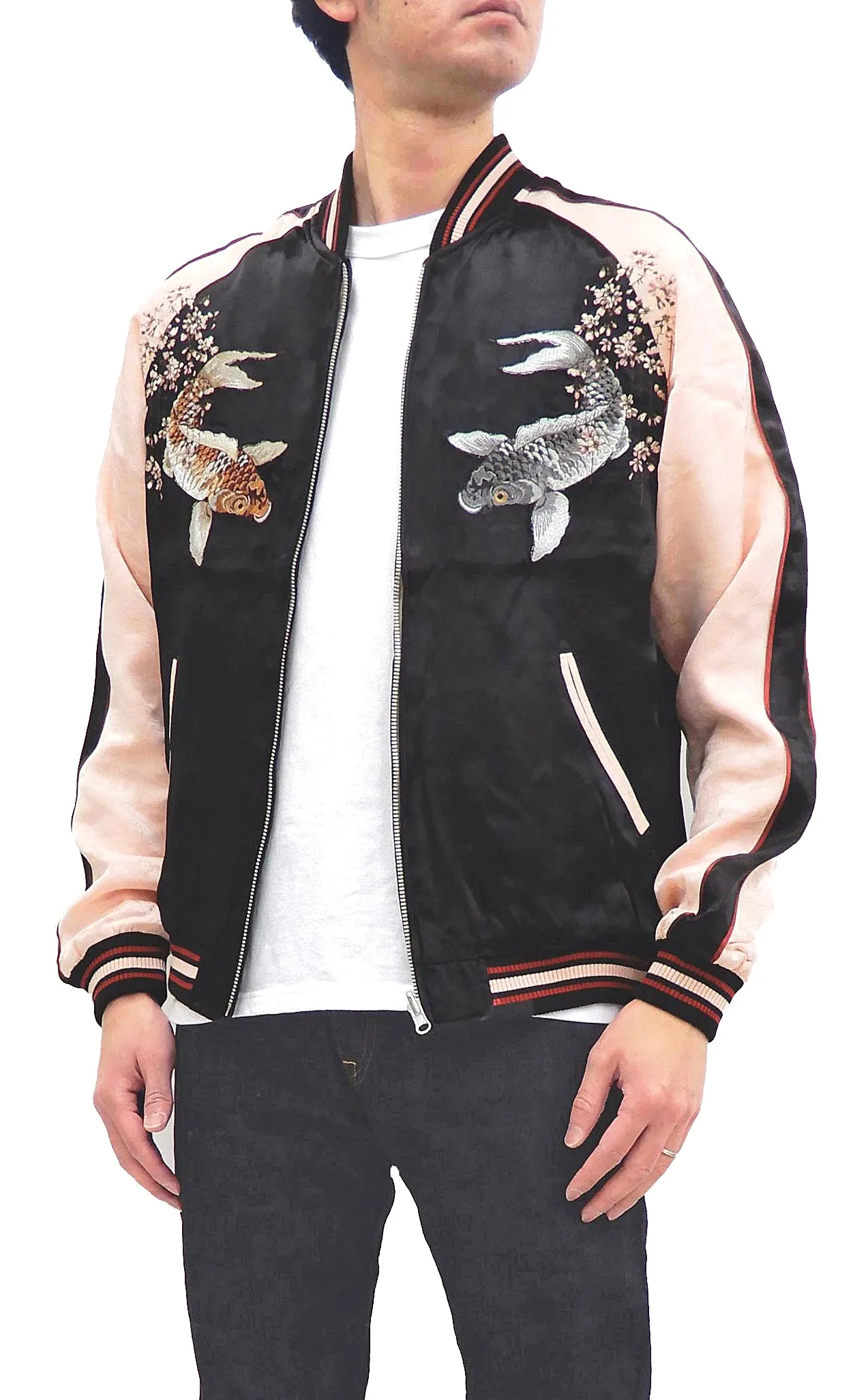 Japanesque Sukajan Men's Japanese Souvenir Jacket Japanese Koi fish 3RSJ-754 Black/Pink