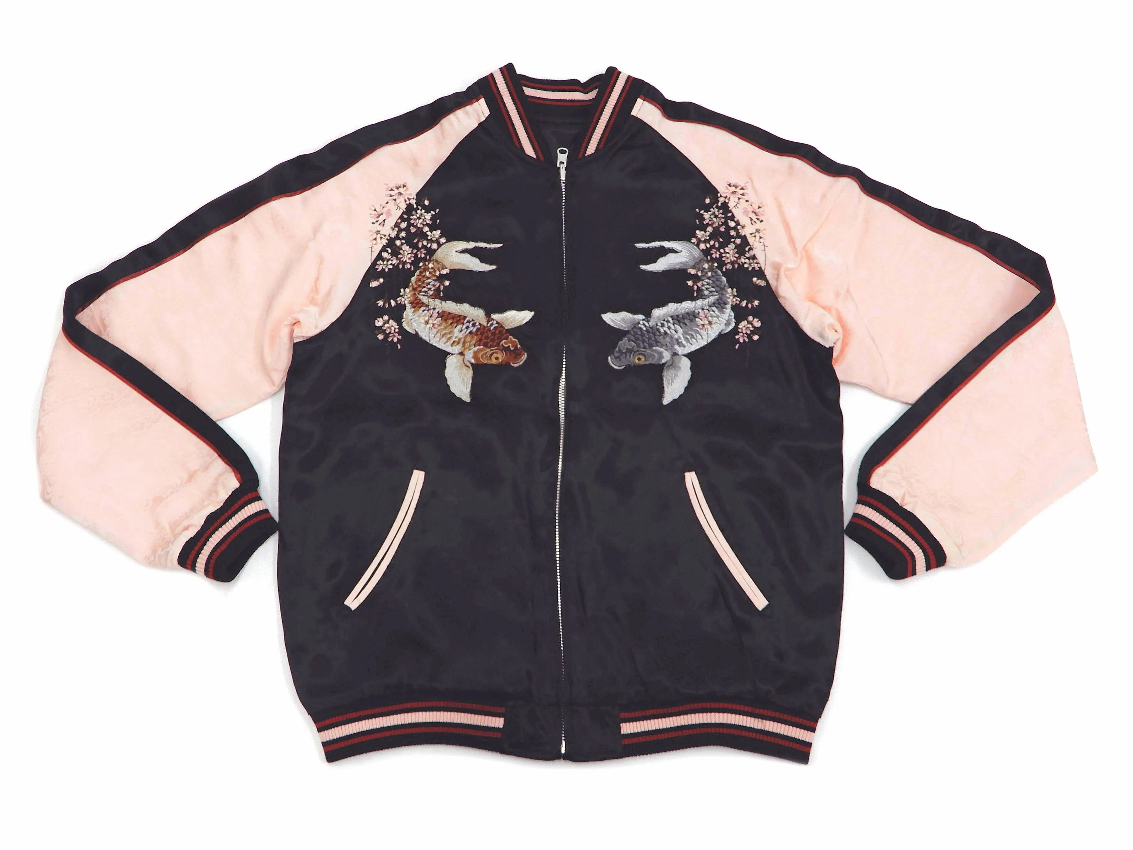 Japanesque Sukajan Men's Japanese Souvenir Jacket Japanese Koi fish 3RSJ-754 Black/Pink