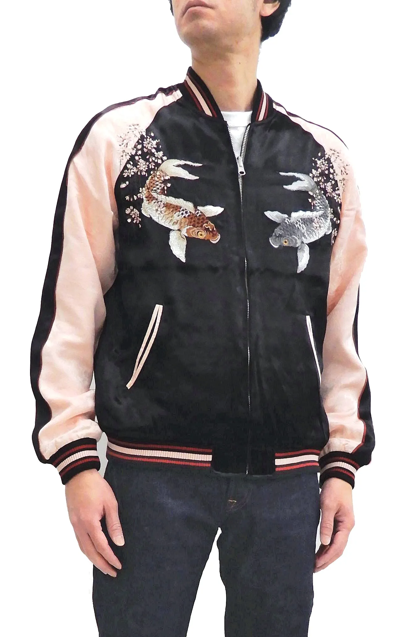 Japanesque Sukajan Men's Japanese Souvenir Jacket Japanese Koi fish 3RSJ-754 Black/Pink