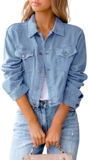 LOAIHA Cropped Denim Jacket for Women Lapel Long Sleeve Button Down Jean Jacket Lightweight Trucker Coat Fall Outwear Shacket