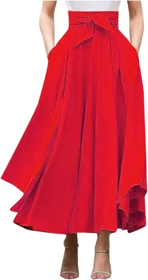 Long Maxi Skirts for Women Tie Front High Waist Side Slit Asymmetrical Irregular A-Line Flowy Boho Skirt with Pockets