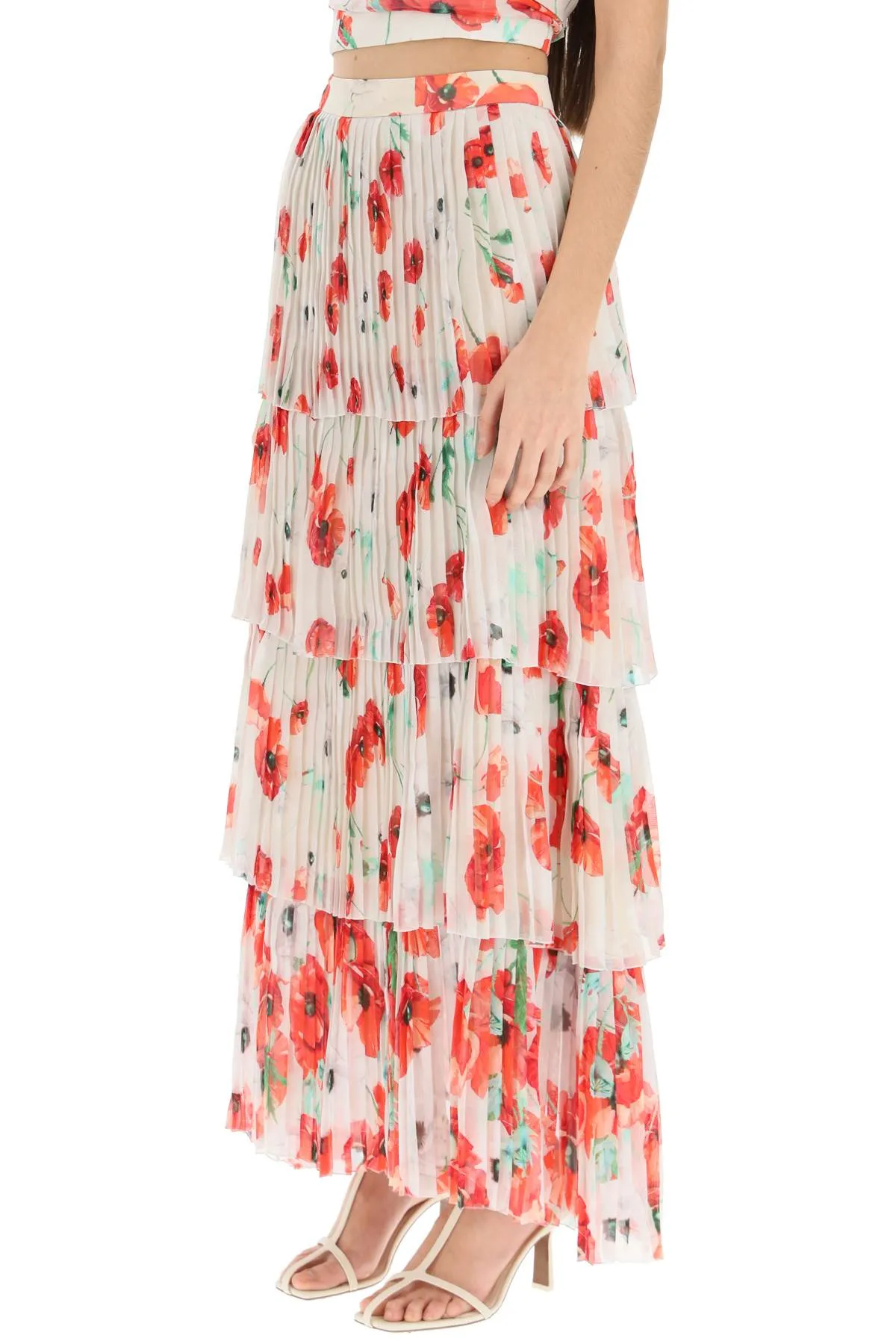 'luise' long tiered skirt in pleated silk PR8009P RD101 RED GREY BLOSSOM