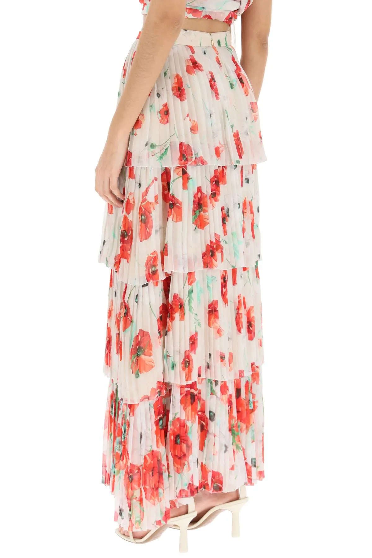 'luise' long tiered skirt in pleated silk PR8009P RD101 RED GREY BLOSSOM