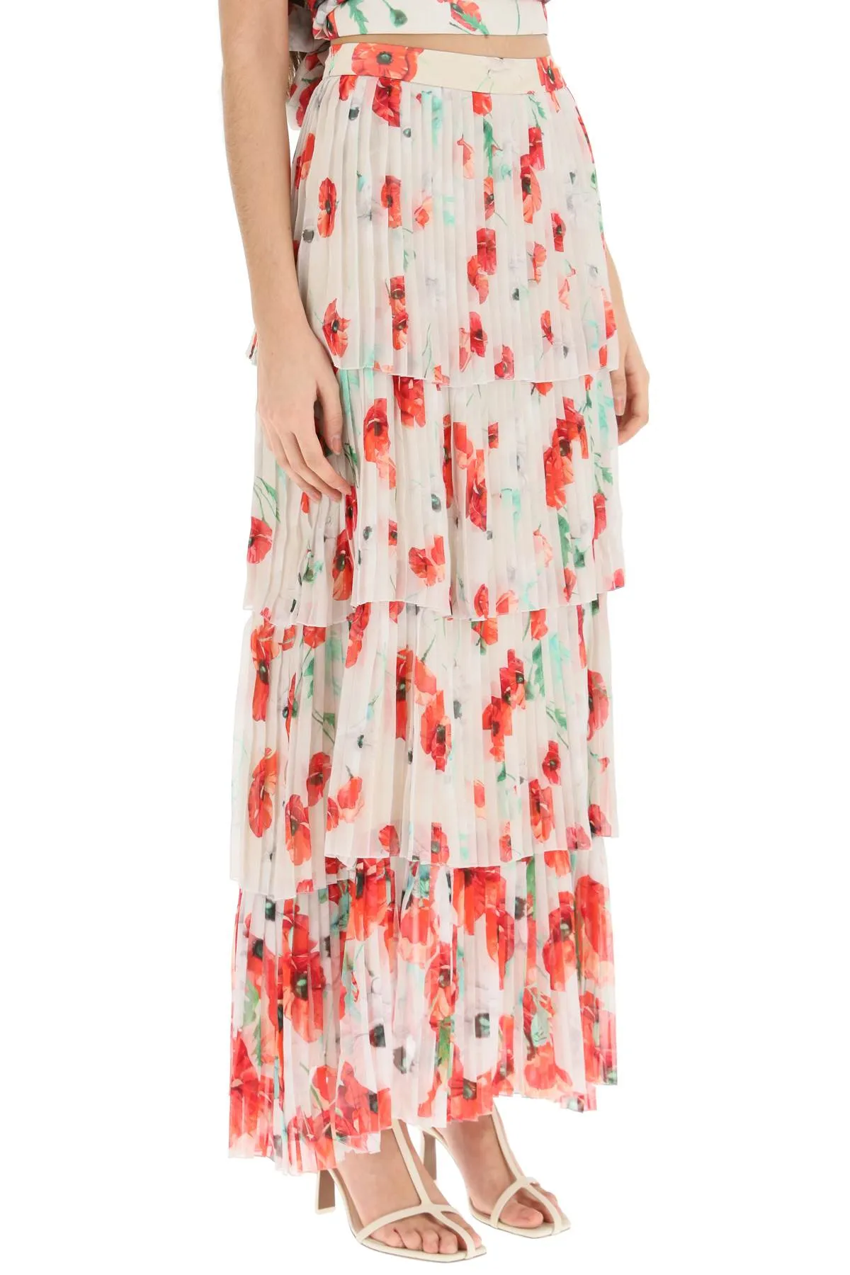 'luise' long tiered skirt in pleated silk PR8009P RD101 RED GREY BLOSSOM