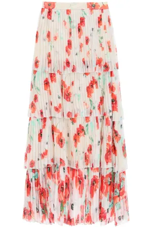 'luise' long tiered skirt in pleated silk PR8009P RD101 RED GREY BLOSSOM