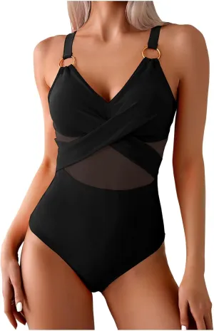Masbird Womens One Piece Swimsuit Metal Modest Tummy Control Bathing Suit Slimming Full Coverage Mesh Swim Suits for Women