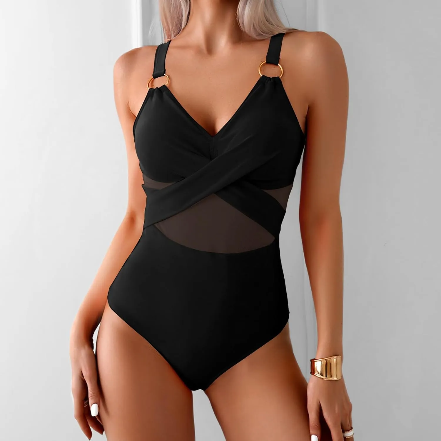 Masbird Womens One Piece Swimsuit Metal Modest Tummy Control Bathing Suit Slimming Full Coverage Mesh Swim Suits for Women