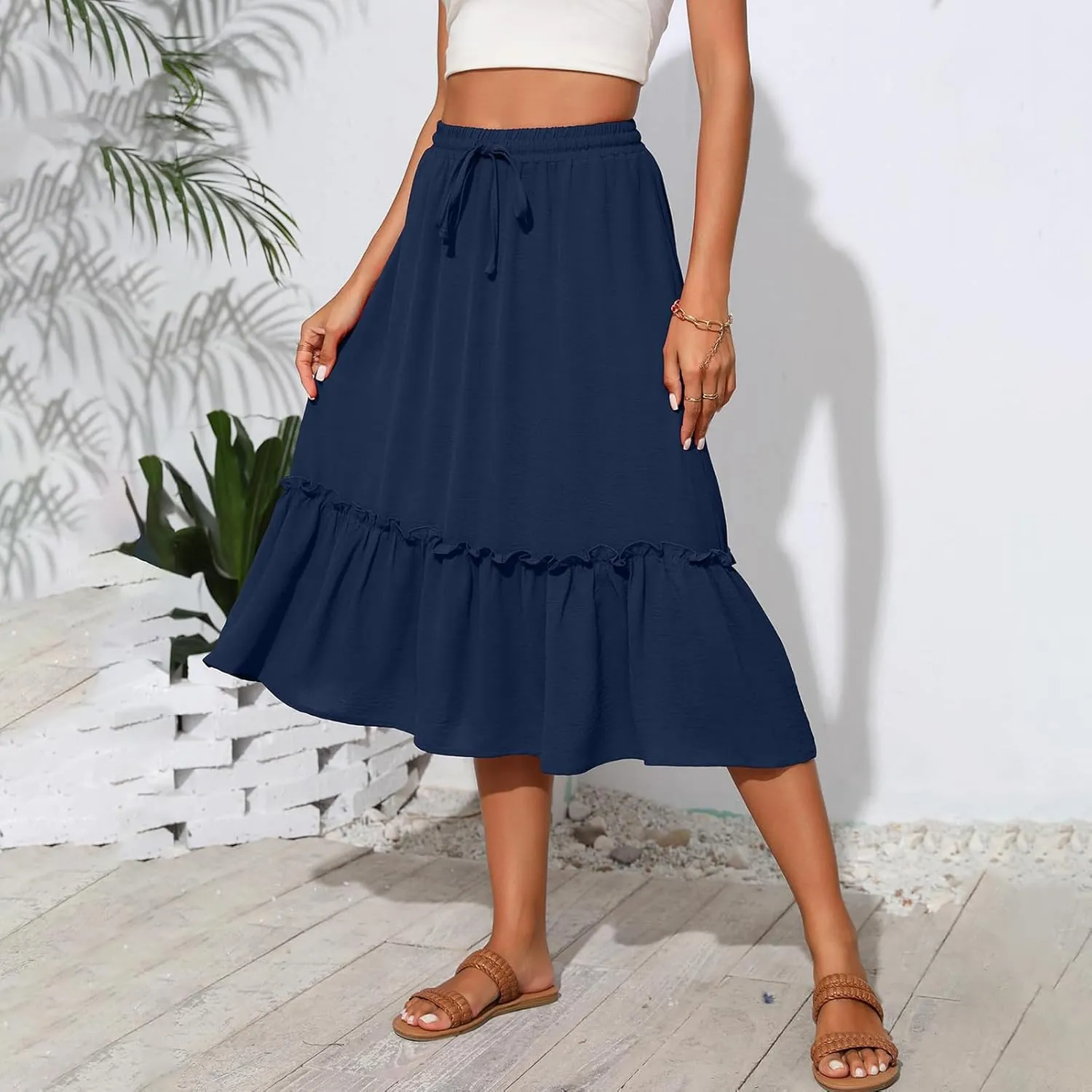 Maxi Skirts for Women Casual Summer High Waisted Drawstring Tiered Skirt Loose Lightweight Flowy Solid A-Line Skirt