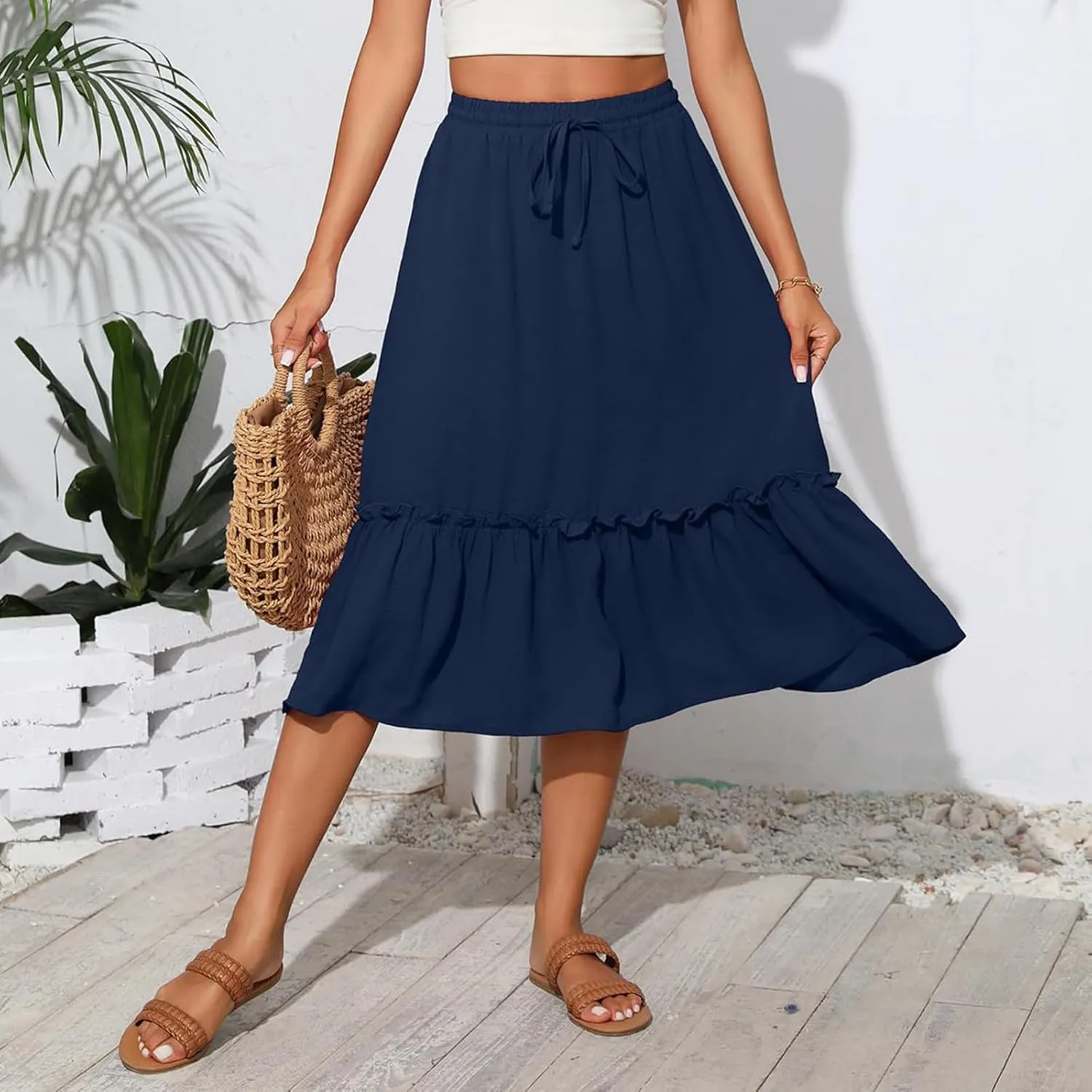 Maxi Skirts for Women Casual Summer High Waisted Drawstring Tiered Skirt Loose Lightweight Flowy Solid A-Line Skirt