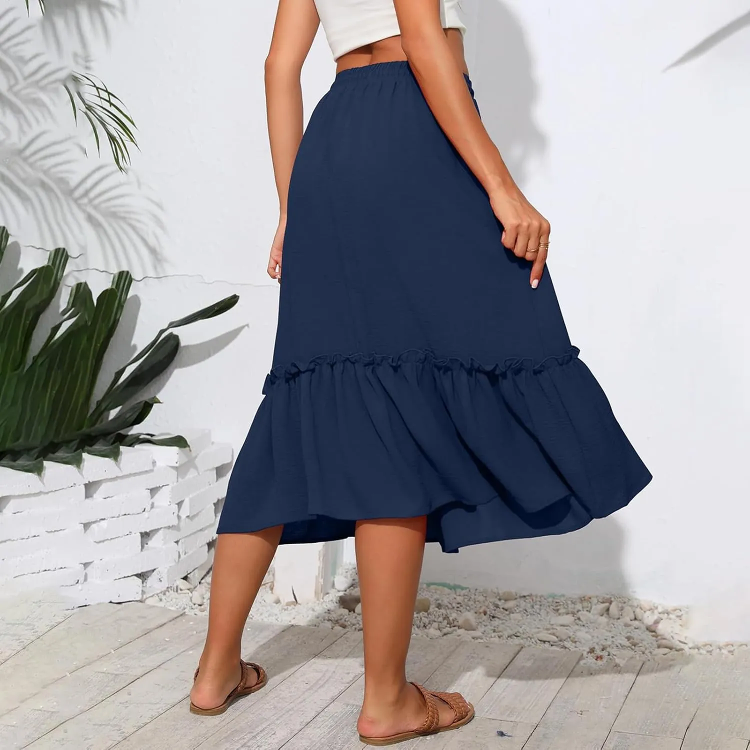 Maxi Skirts for Women Casual Summer High Waisted Drawstring Tiered Skirt Loose Lightweight Flowy Solid A-Line Skirt