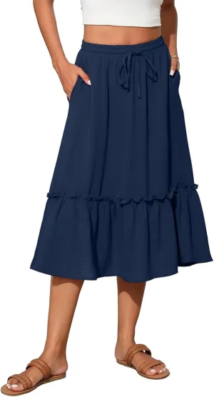 Maxi Skirts for Women Casual Summer High Waisted Drawstring Tiered Skirt Loose Lightweight Flowy Solid A-Line Skirt