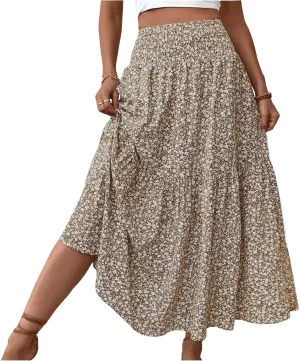 Maxi Skirts for Women Summer Floral Smocked High Waisted Boho Skirt with Pockets Vacation A-Line Long Flowy Skirts