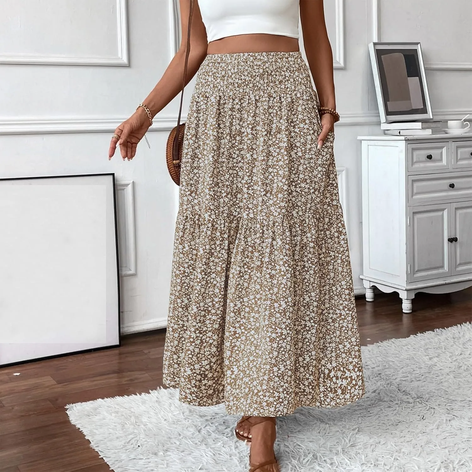 Maxi Skirts for Women Summer Floral Smocked High Waisted Boho Skirt with Pockets Vacation A-Line Long Flowy Skirts
