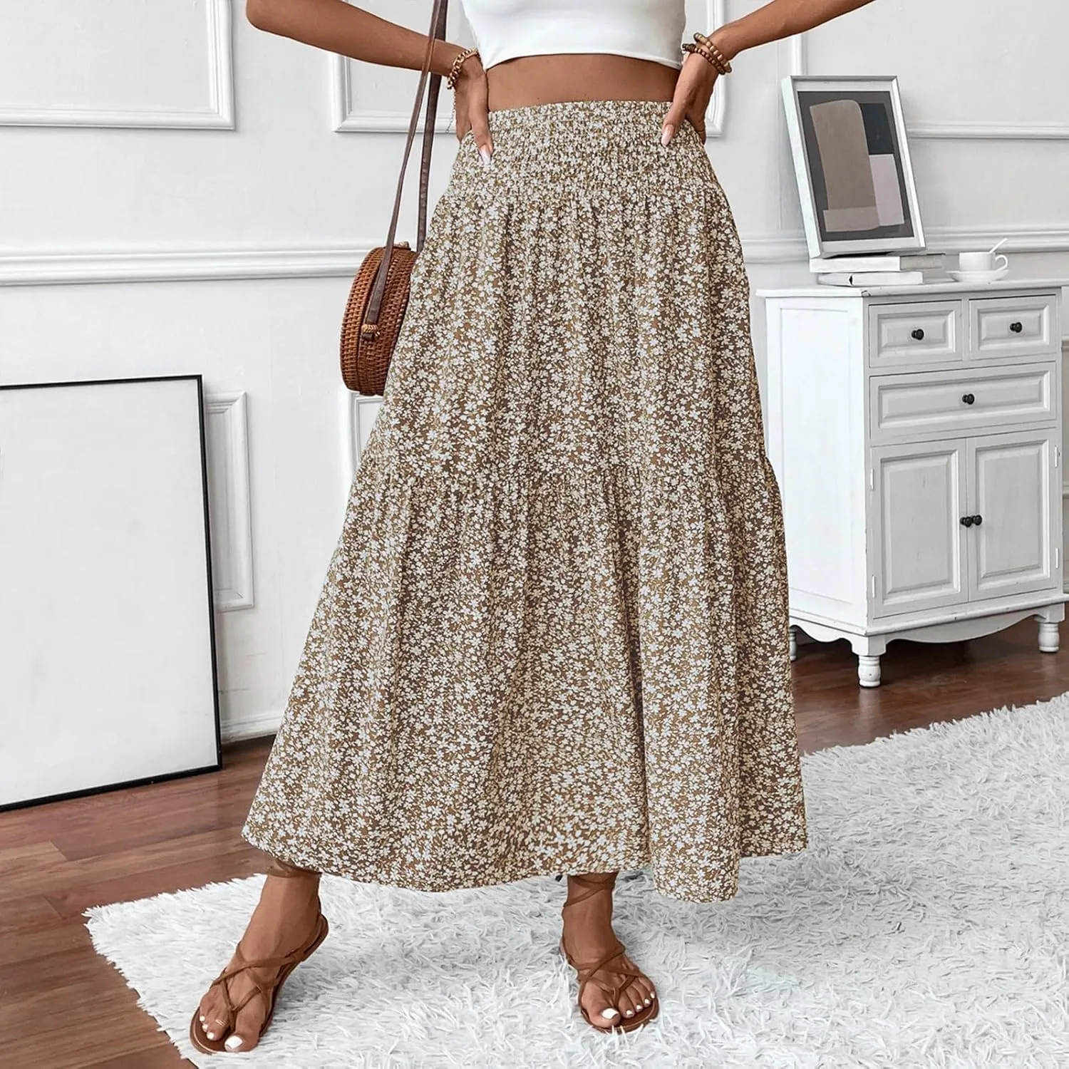 Maxi Skirts for Women Summer Floral Smocked High Waisted Boho Skirt with Pockets Vacation A-Line Long Flowy Skirts
