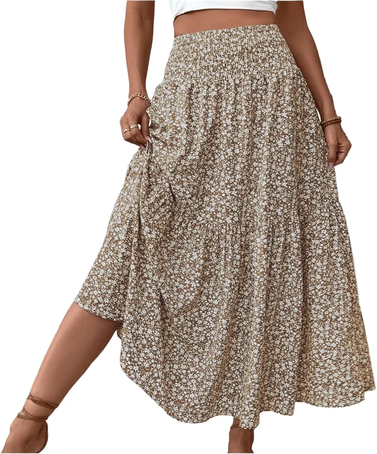 Maxi Skirts for Women Summer Floral Smocked High Waisted Boho Skirt with Pockets Vacation A-Line Long Flowy Skirts