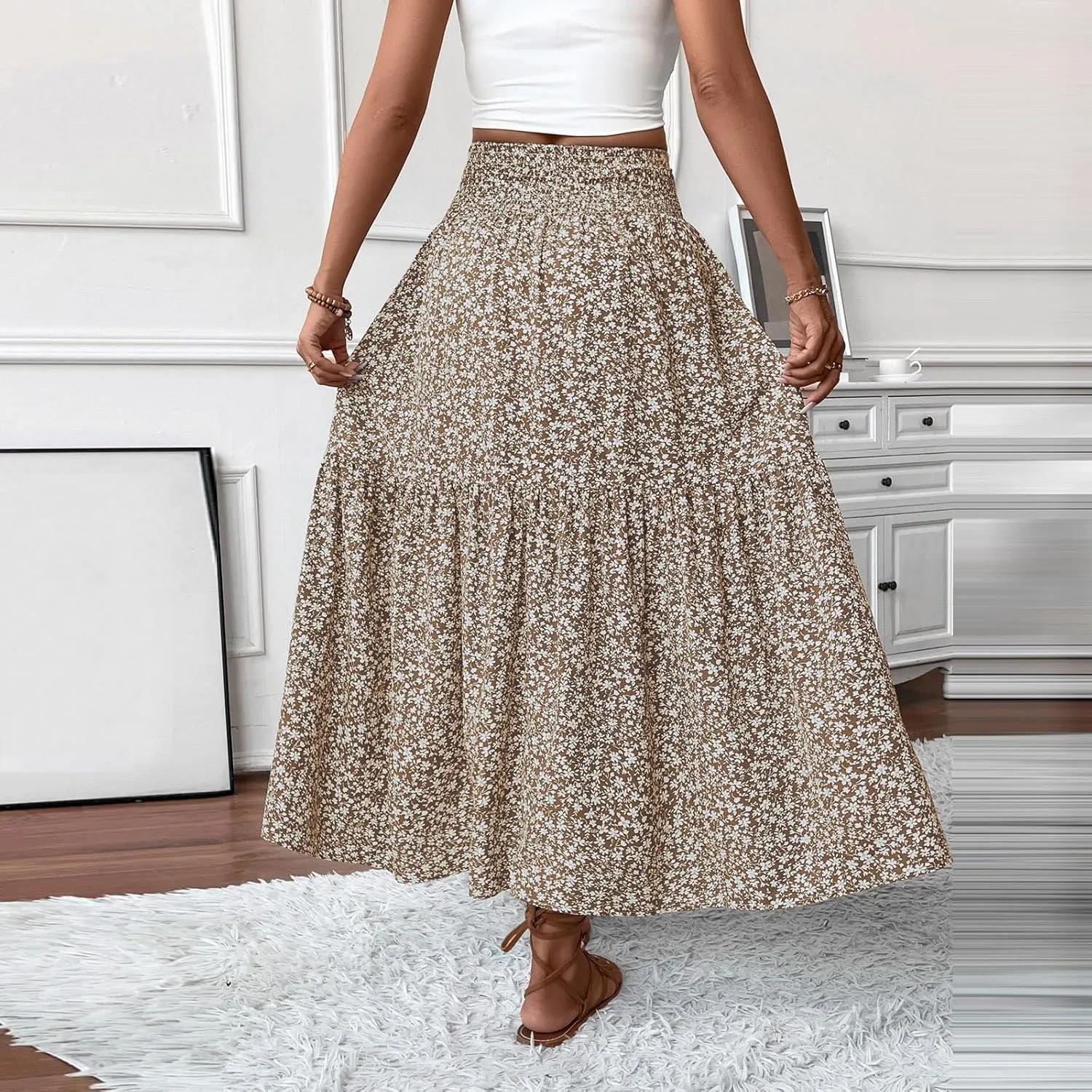 Maxi Skirts for Women Summer Floral Smocked High Waisted Boho Skirt with Pockets Vacation A-Line Long Flowy Skirts