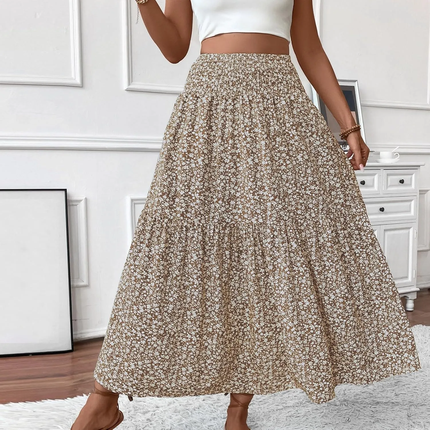 Maxi Skirts for Women Summer Floral Smocked High Waisted Boho Skirt with Pockets Vacation A-Line Long Flowy Skirts