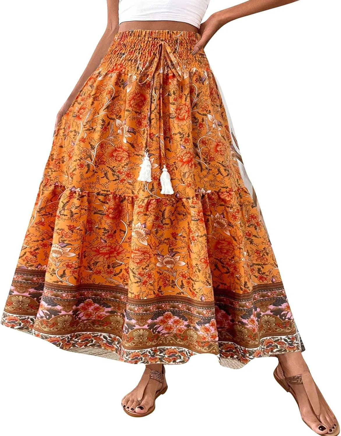 Maxi Skirts for Women Trendy Summer Tiered Elastic High Waisted Floral Skirt Vacation A Line Flowy Long Skirts
