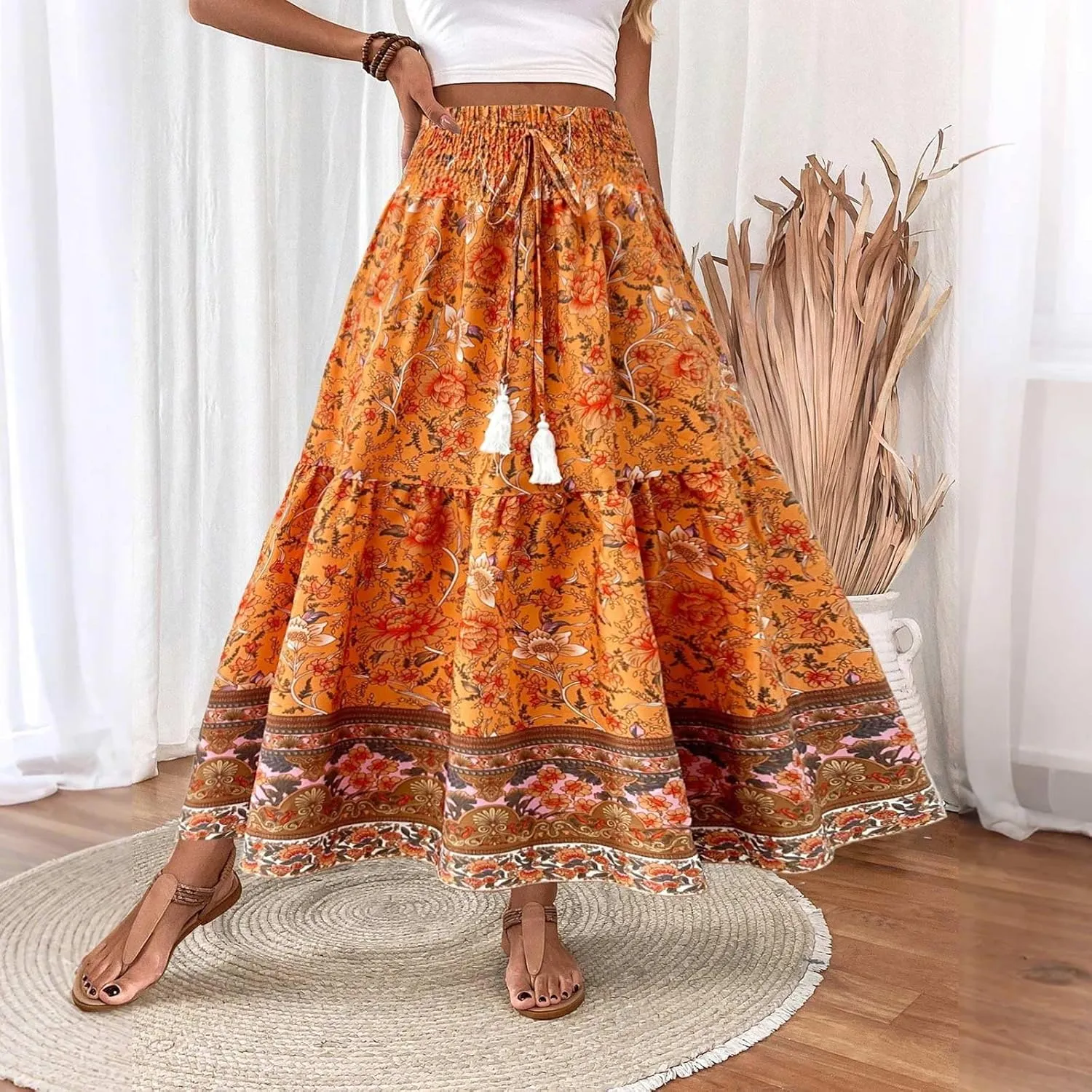 Maxi Skirts for Women Trendy Summer Tiered Elastic High Waisted Floral Skirt Vacation A Line Flowy Long Skirts
