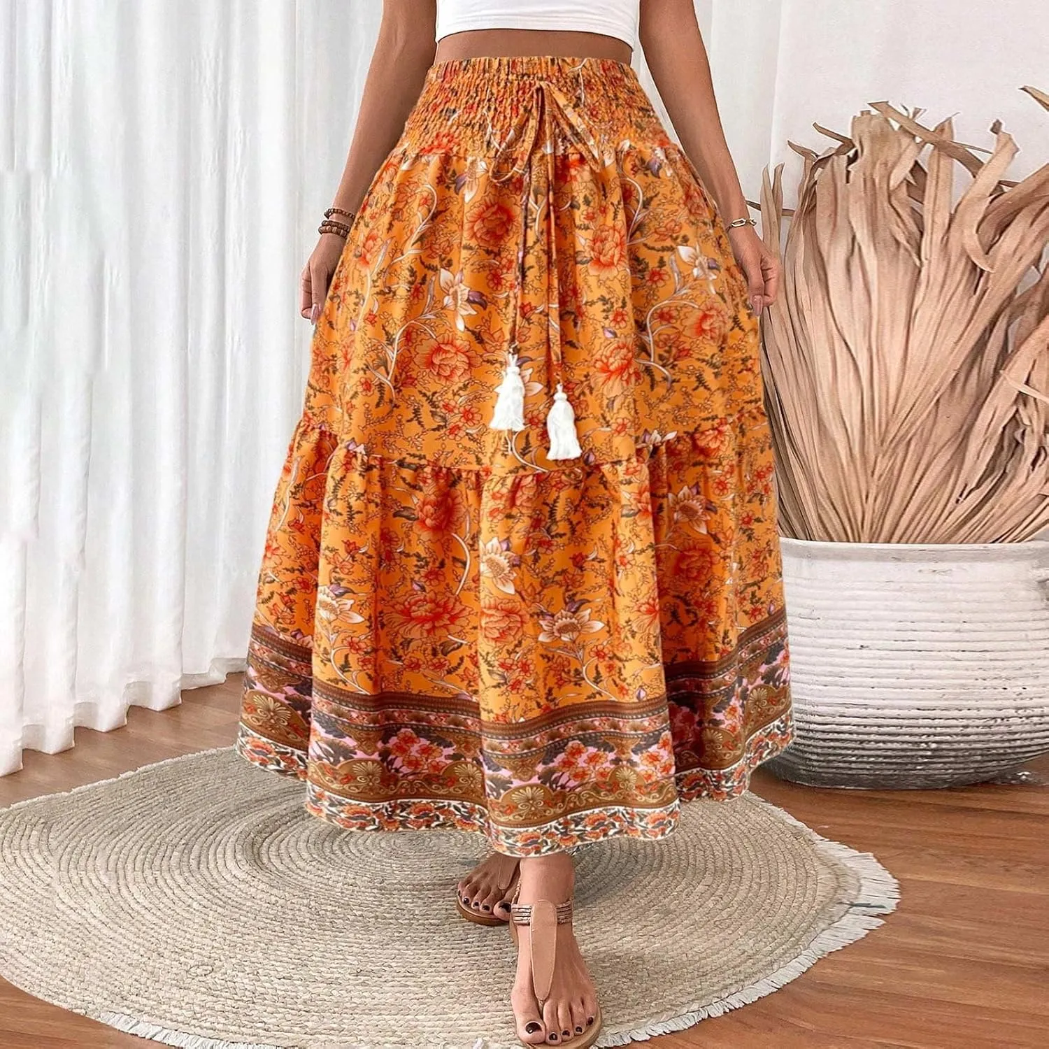 Maxi Skirts for Women Trendy Summer Tiered Elastic High Waisted Floral Skirt Vacation A Line Flowy Long Skirts