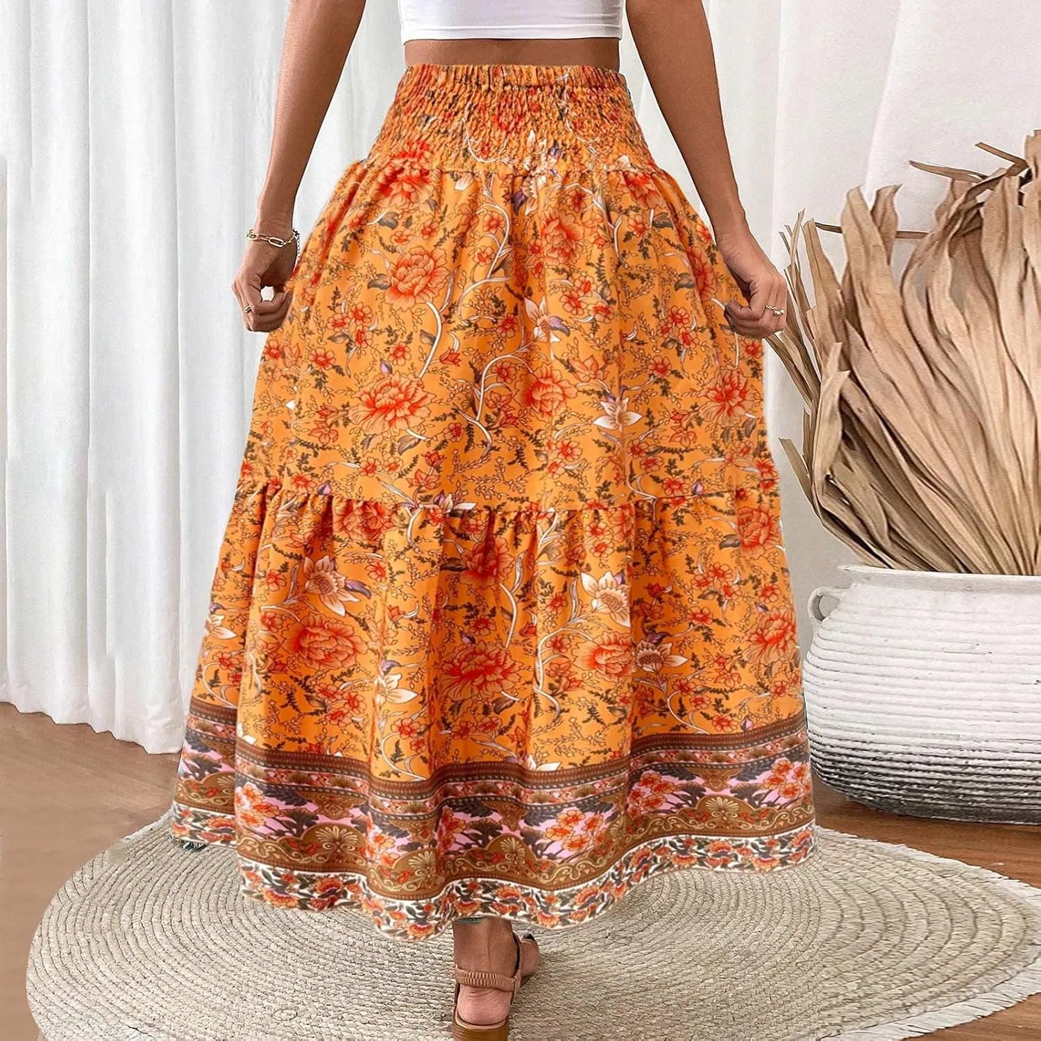 Maxi Skirts for Women Trendy Summer Tiered Elastic High Waisted Floral Skirt Vacation A Line Flowy Long Skirts