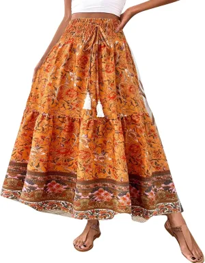 Maxi Skirts for Women Trendy Summer Tiered Elastic High Waisted Floral Skirt Vacation A Line Flowy Long Skirts