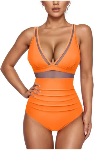 NATHGAM One Piece Swimsuit Women Tummy Control Swimsuits High Waisted Mesh Sheer Bathing Suit Sexy Deep V Neck Swimwear 2025