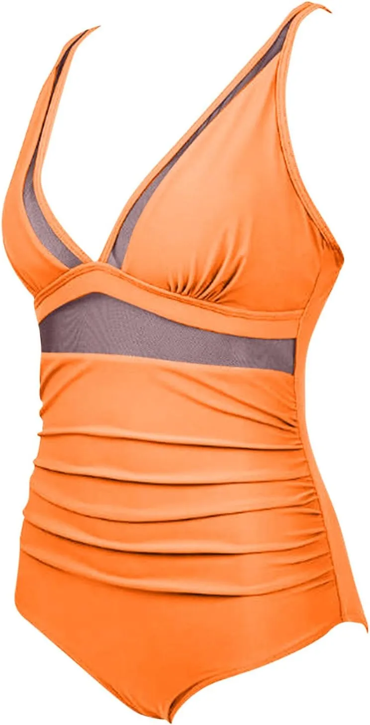 NATHGAM One Piece Swimsuit Women Tummy Control Swimsuits High Waisted Mesh Sheer Bathing Suit Sexy Deep V Neck Swimwear 2025