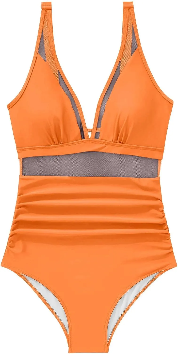 NATHGAM One Piece Swimsuit Women Tummy Control Swimsuits High Waisted Mesh Sheer Bathing Suit Sexy Deep V Neck Swimwear 2025