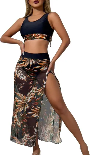 NATHGAM Swimsuit for Women Sport Crop Tank Top Panties Tropical Print High Slit Flowy Skirt 3 Piece Summer Beach Bathing Suit