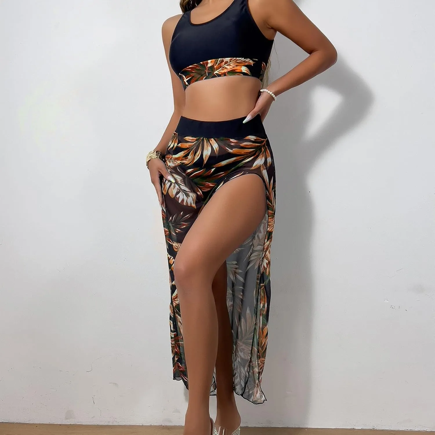 NATHGAM Swimsuit for Women Sport Crop Tank Top Panties Tropical Print High Slit Flowy Skirt 3 Piece Summer Beach Bathing Suit