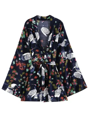 Night Wear Polyester Floral Print Dark-Blue Color Short Length Gown Robe Kimono Duster Robe