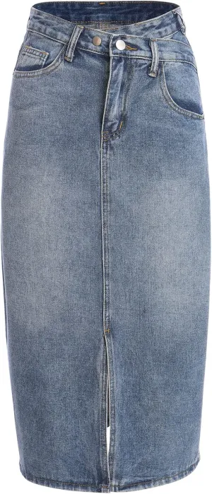 OBEEII Denim Midi Skirt for Women High Waist Button Split Hem Jeans Bodycon Pencil Skirt