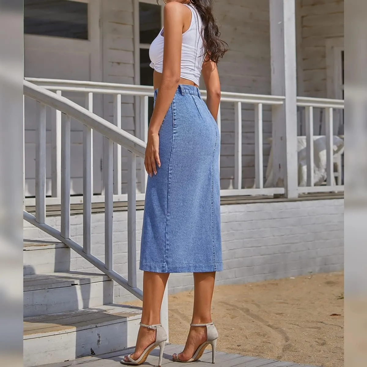 OBEEII Women's Denim Skirts Midi Length High Waist Button Split Hem Long Bodycon Pencil Skirt
