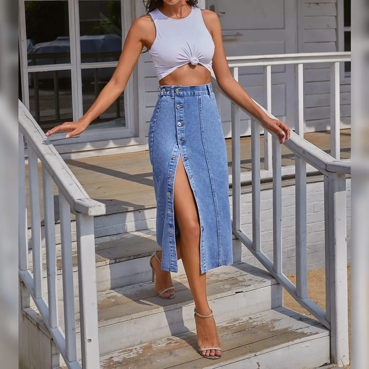 OBEEII Women's Denim Skirts Midi Length High Waist Button Split Hem Long Bodycon Pencil Skirt