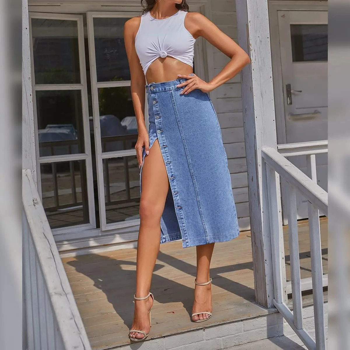 OBEEII Women's Denim Skirts Midi Length High Waist Button Split Hem Long Bodycon Pencil Skirt