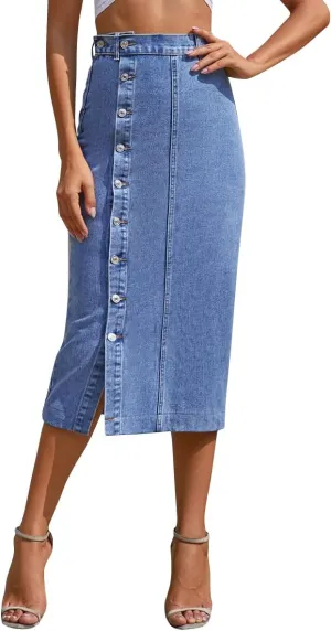 OBEEII Women's Denim Skirts Midi Length High Waist Button Split Hem Long Bodycon Pencil Skirt