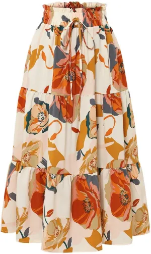 Oplxuo Maxi Skirt for Women Summer Floral Print Tiered Elastic High Waisted Skirts Vacation A-Line Flowy Swing Long Skirts