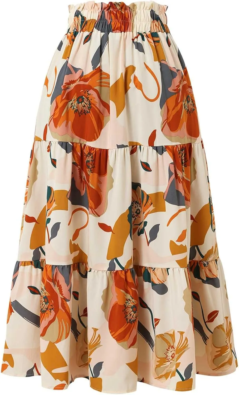 Oplxuo Maxi Skirt for Women Summer Floral Print Tiered Elastic High Waisted Skirts Vacation A-Line Flowy Swing Long Skirts