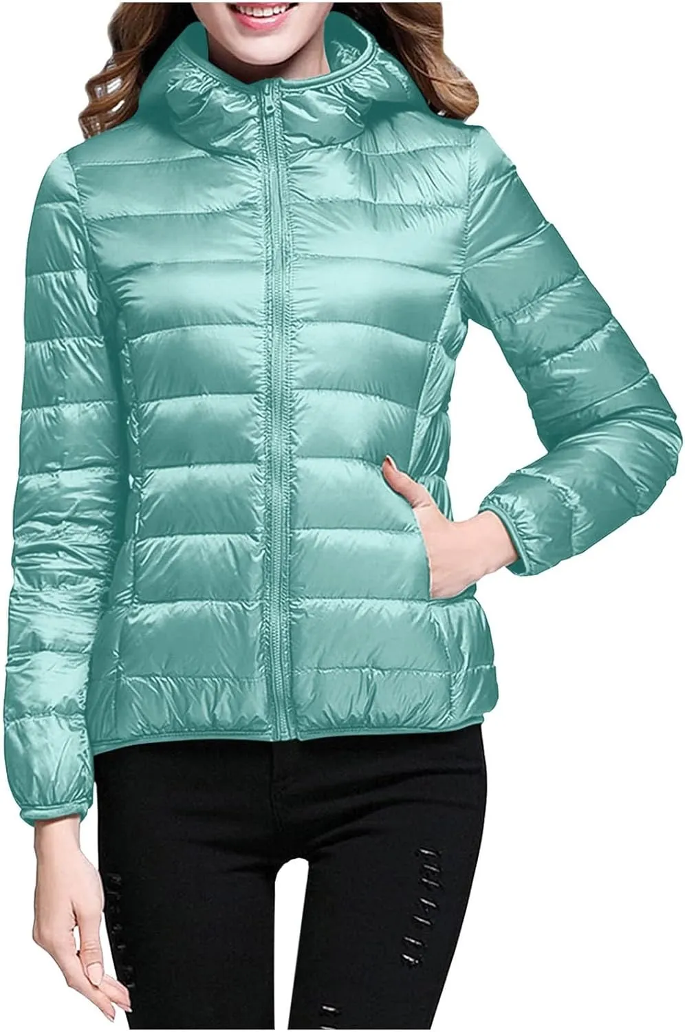 Packable Puffer Jacket Women Lightweight Short Down Jackets Winter Trendy Slim Fit Hooded Bubble Coat Light Puffer Jackets