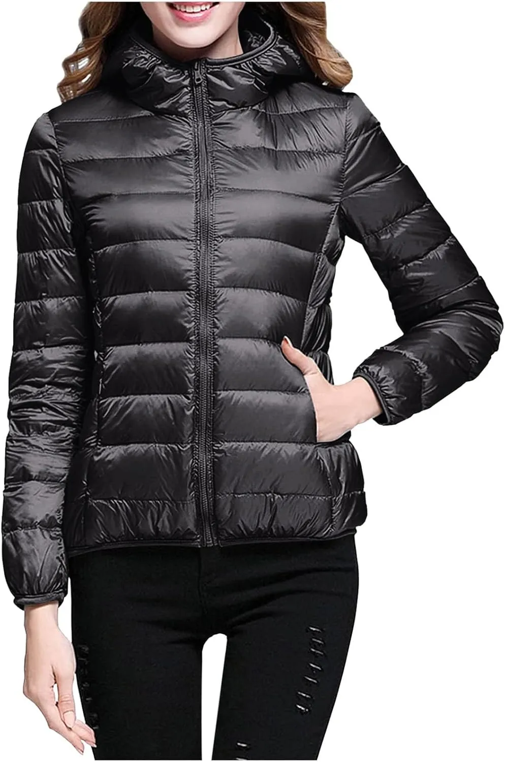 Packable Puffer Jacket Women Lightweight Short Down Jackets Winter Trendy Slim Fit Hooded Bubble Coat Light Puffer Jackets