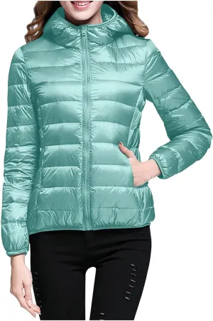 Packable Puffer Jacket Women Lightweight Short Down Jackets Winter Trendy Slim Fit Hooded Bubble Coat Light Puffer Jackets