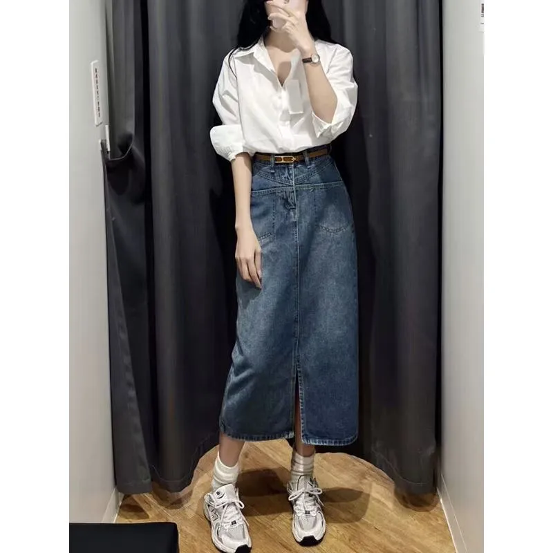 Plus Size High-Waisted Split Hem Slimming Retro Midi Denim Skirt