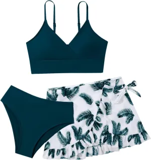 Teens Girls Flower Swimsuit 3 Piece Bathing Suits Cute Quick Dry Bikini Sets with Swim Skirt Beachwear Preppy Clothes