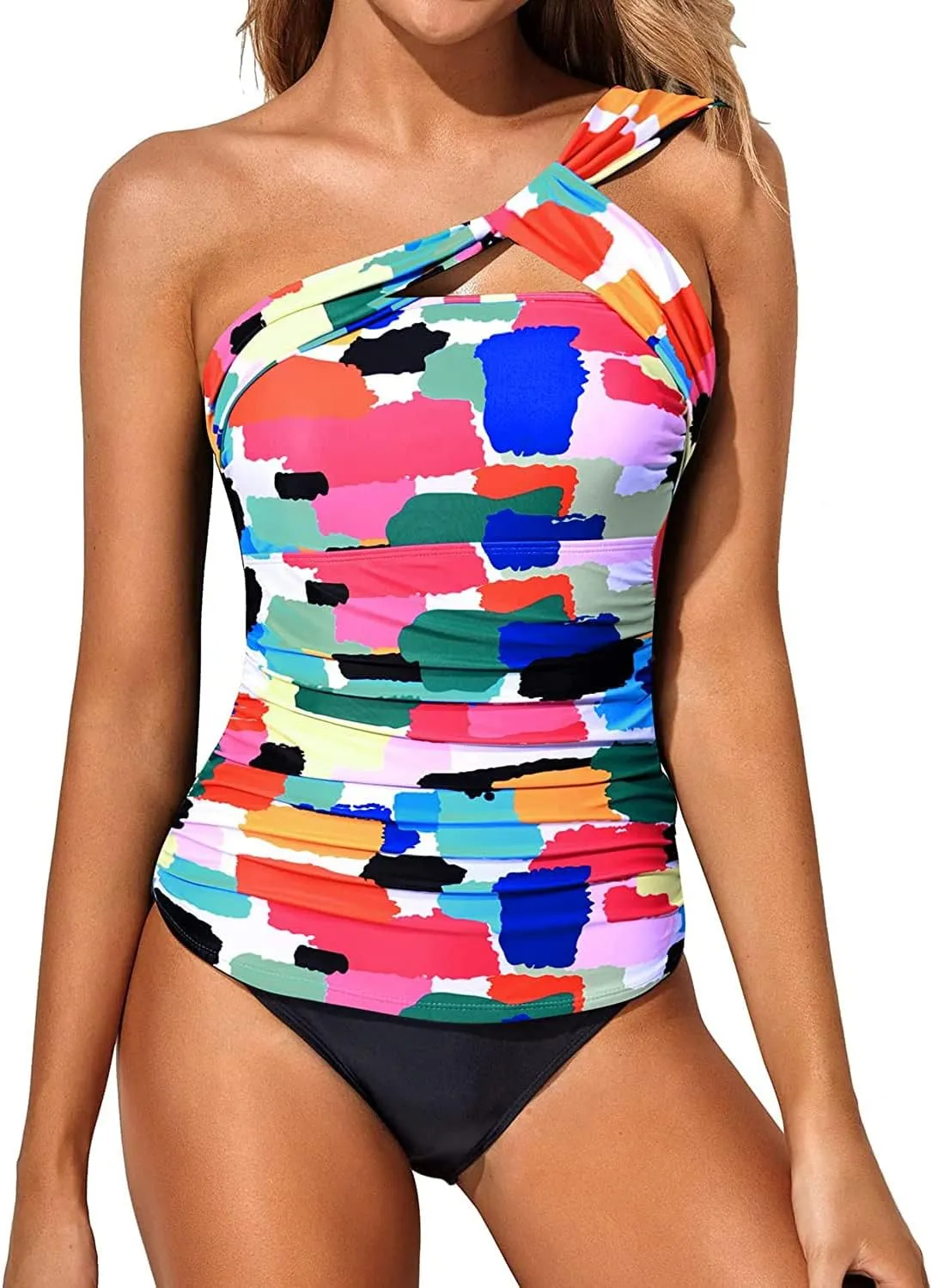 Tempt Me Two Piece Tankini Bathing Suits for Women One Shoulder Swim Top with Bottom Swimsuits