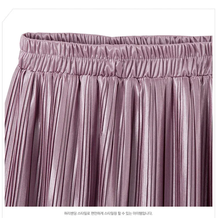 VenusFox Vintage Metallic High Waist Pleated Long Skirt