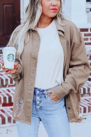 Western Frayed Oversized Shirt - Camel
